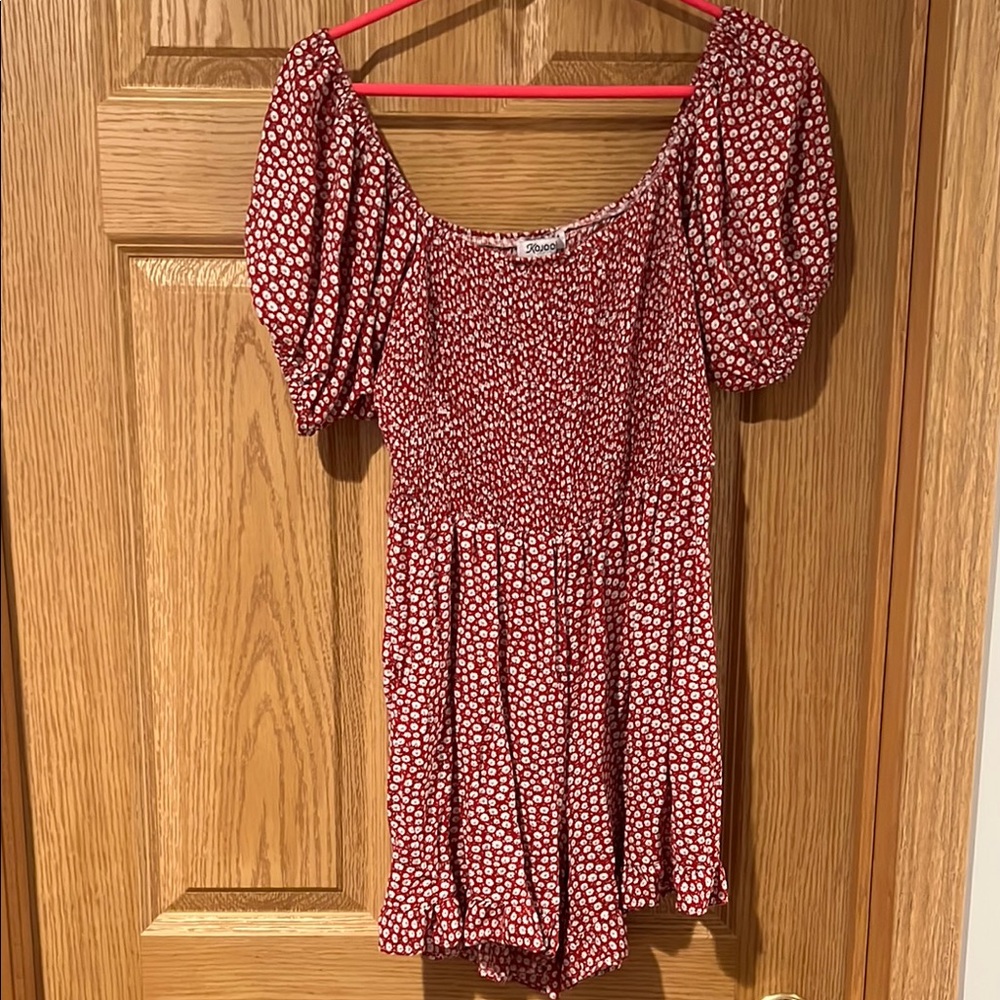 Red Romper with mini White and Blue flowers